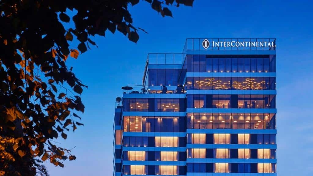 InterContinental Ljubljana luxury hotel exterior with panoramic rooftop terrace view