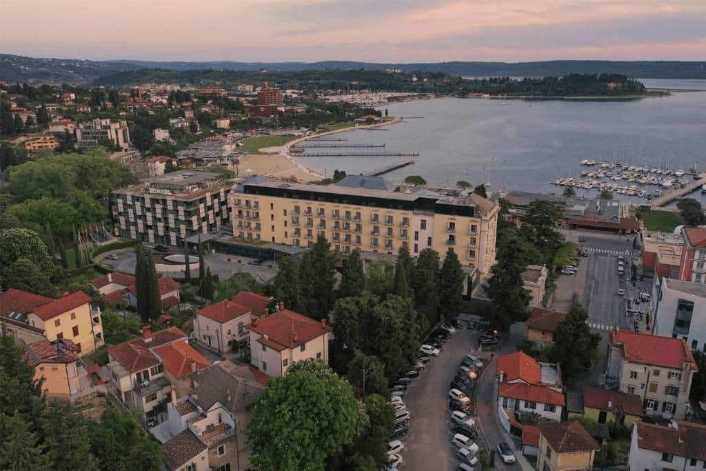 Slovenia's best luxury hotel Kempinski Palace sea View from air.