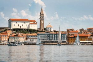 Best Hotels Piran Slovenia. Sea view to Piran coast and hotels.