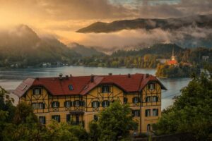 Eco luxury resorts Slovenia. Bled lake view and Hotel Triglav.