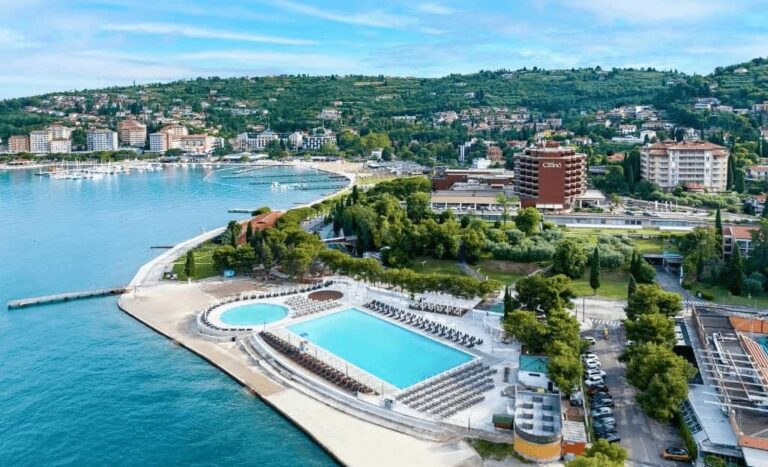 Luxury hotels Portorož, view from sky on swiming pool, beach and hotel.