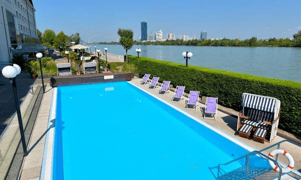 Luxury river view hotels in Vienna Danube Canal.