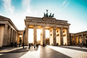 18th-century neoclassical Brandenburg Gate in Berlin, the most recognizable landmark in the country and a symbol of the best historic hotels in Germany.