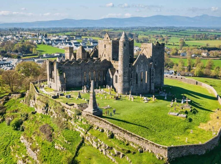 Aerial view of the Rock of Cashel, a medieval landmark located near the best historic hotels in Ireland.
