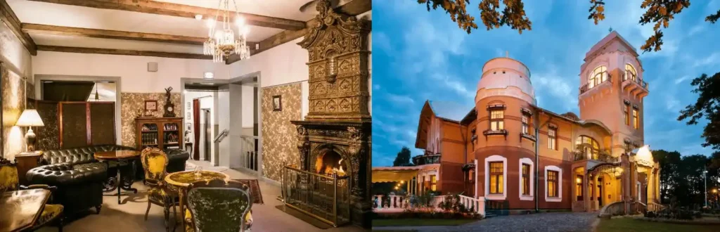 A split view showing the 19th-century interior of Antonius Boutique Hotel with a historic tile fireplace and the 1905 Art Nouveau facade of Villa Ammende, representing the best historic hotels in Estonia.