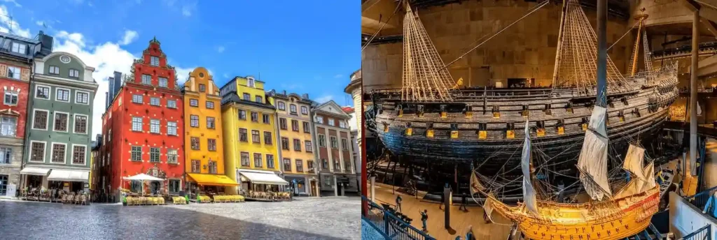 A side-by-side view of the colorful 17th-century merchant houses in Gamla Stan and the salvaged 1628 Vasa warship, representing the premier cultural icons surrounding the best historic hotels in Sweden.