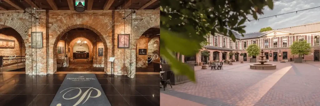 Best historic hotels in Latvia: Combined view of the 18th-century red-brick Promenade Hotel lobby and the Neo-Renaissance courtyard of Art Hotel Roma in Liepāja.