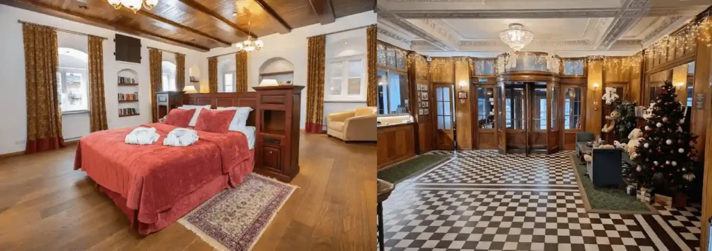 Best historic hotels in Lithuania: A merged view showing a classically furnished bedroom at Daugirdas Old City Hotel and the vintage 19th-century lobby of Hotel Metropolis in Kaunas.