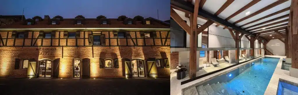 Best historic hotels in Lithuania: A merged visual featuring the red-brick 18th-century "Venetian" warehouse facade of Michaelson Boutique Hotel and its contemporary indoor spa pool area in Klaipėda.