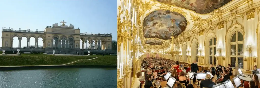 A merged view of the imperial Gloriette arcade at Schönbrunn Palace and a grand orchestral performance in the Great Hall, anchoring the best historic hotels in Vienna imperial collection.