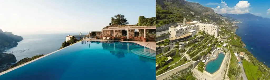 A merged view of the best hotels in Amalfi Coast: the 11th-century stone walls of Belmond Hotel Caruso and the 17th-century Dominican convent architecture of Monastero Santa Rosa.
