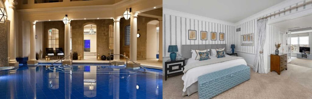 Best Hotels in Bath luxury interiors: The thermal mineral-water Spa Village merged with a refined Georgian-style bedroom at The Gainsborough Bath Spa.