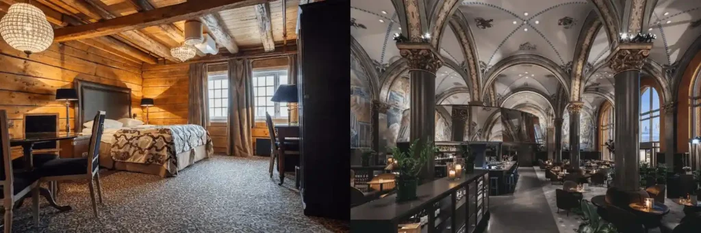 A split image representing the best hotels in Bergen: on the left, an authentic guest room at Det Hanseatiske Hotel featuring 16th-century timber walls and historic wood beams; on the right, the grand Fresco Hall at Bergen Børs Hotel, formerly the 1862 stock exchange chamber, showcasing soaring vaulted ceilings and monumental Axel Revold murals.