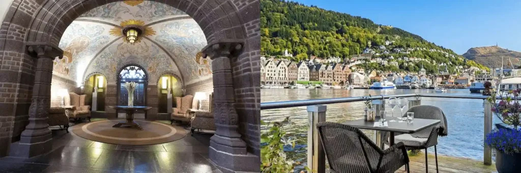 A split heritage perspective of the best hotels in Bergen: on the left, a preserved room at Clarion Collection Hotel Havnekontoret featuring a magnificent 1920s Neo-Baroque vaulted ceiling with intricate murals; on the right, the outdoor terrace view from Clarion Hotel Admiral overlooking the historic Vågen harbor and the UNESCO-listed Bryggen wharf.