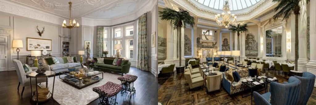 Best Hotels in Edinburgh luxury interiors: The red-lacquered walls of Michelin-starred Number One restaurant merged with the heather-toned living room of a heritage suite at The Balmoral.