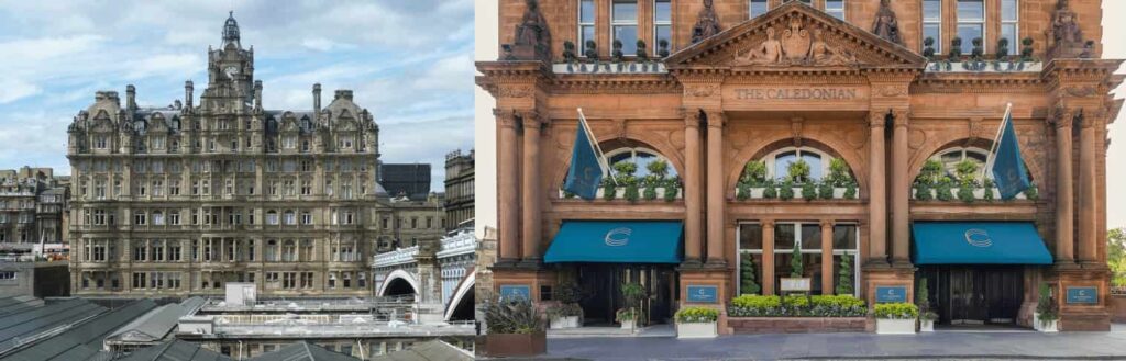 Best Hotels in Edinburgh heritage facades: The Scotsman’s baronial Renaissance tower merged with the red sandstone Flemish-style exterior of The Caledonian at the West End.
