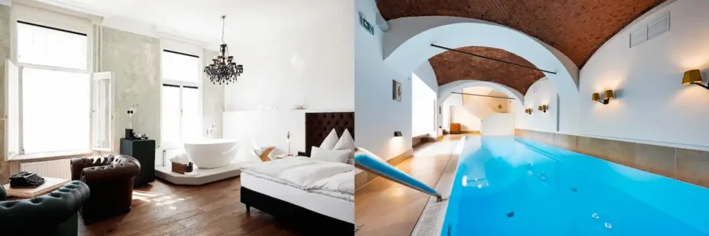 The sophisticated Art Nouveau bedroom design of Grand Hôtel Wiesler and the serene indoor pool of Parkhotel Graz, representing the best hotels in Graz for Belle Époque and 19th-century noble heritage.