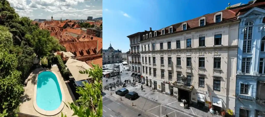 The panoramic rooftop pool of Schlossberghotel overlooking the Old Town and the 16th-century Baroque facade of Palais-Hotel Erzherzog Johann, representing the best hotels in Graz fortress and palace assets.