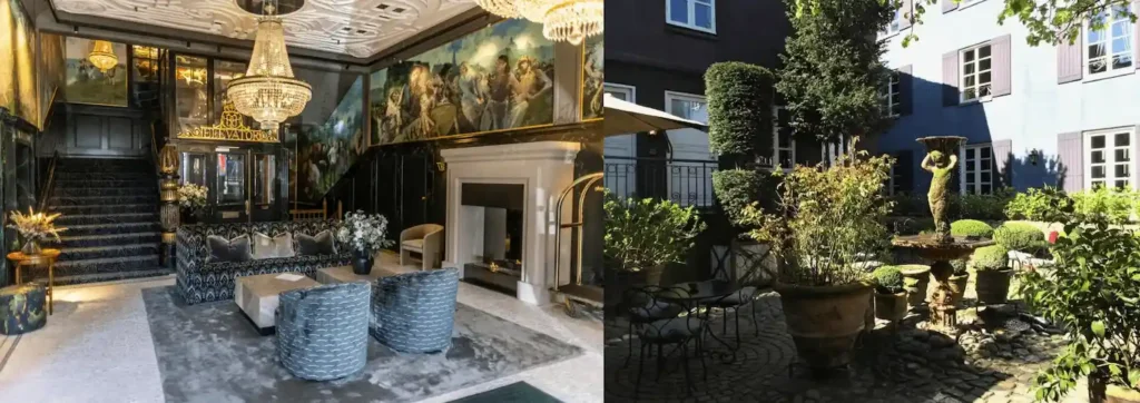 A split view of two architectural icons from the best hotels in Aarhus: the grand neoclassical lobby of Hotel Royal with original murals and chandeliers, and the historicist cobblestone courtyard of Villa Provence.