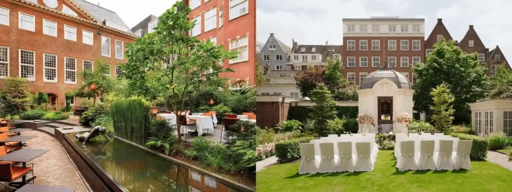 The historic 15th-century brick courtyard of the former Admiralty at Sofitel Legend The Grand merged with the private noble palace gardens of the Waldorf Astoria, two of the best hotels in Amsterdam.
