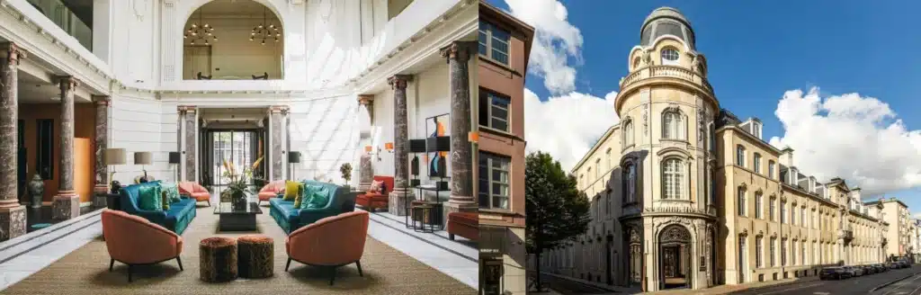 A merged view of the original massive 19th-century steel bank vaults at Hotel FRANQ and the landmark 16th-century facade of Sapphire House, showcasing the mercantile and banking soul and the best hotels in Antwerp.