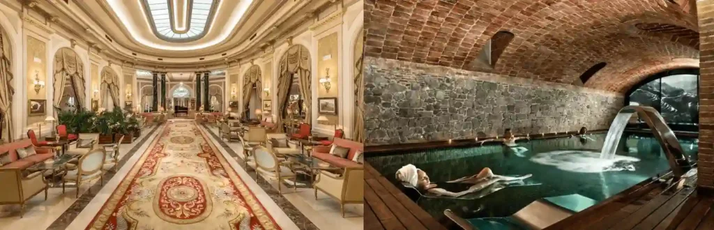 The luxury Art Studio suite at El Palace Hotel and the subterranean brick-vaulted thermal pool at Hotel 1898, two of the best hotels in Barcelona.