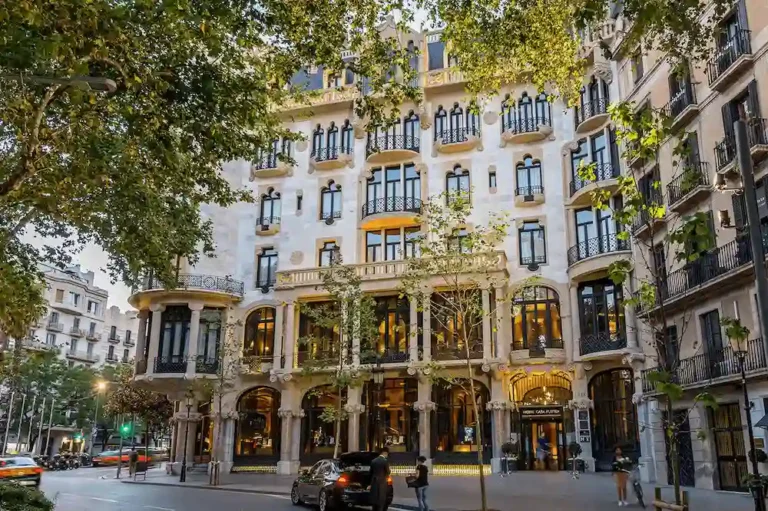 The Modernisme facade of Hotel Casa Fuster G.L Monumento, a UNESCO-listed building and one of the best hotels in Barcelona.