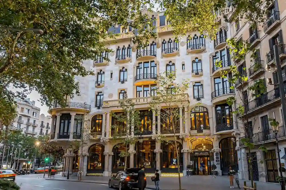The Modernisme facade of Hotel Casa Fuster G.L Monumento, a UNESCO-listed building and one of the best hotels in Barcelona.
