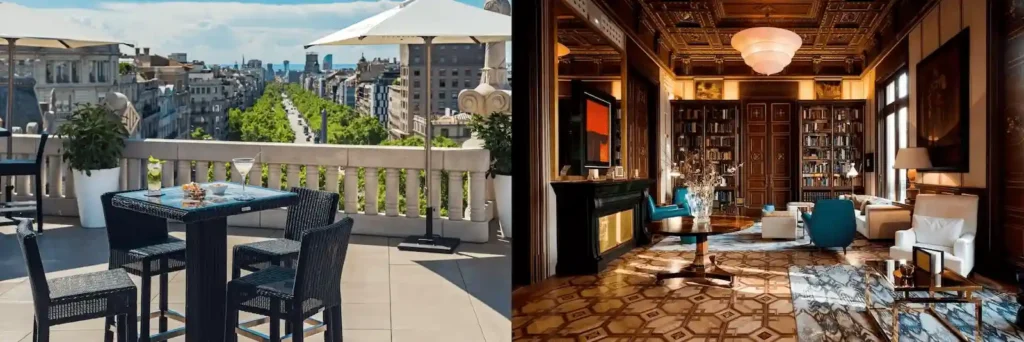 The Blue View Terrace at Hotel Casa Fuster and the historic 19th-century wood-paneled library lounge at Cotton House Hotel, two of the best hotels in Barcelona.