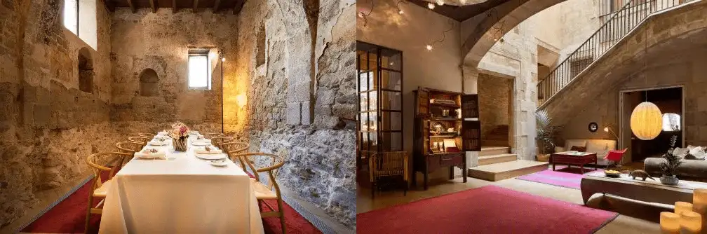 The 4th-century Roman walls in the Mercer Hotel dining room paired with the 12th-century medieval stone staircase of Hotel Neri, two of the best hotels in Barcelona.