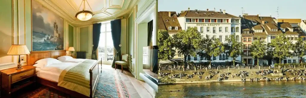 A merged view of a regally appointed historic bedroom at Grand Hotel Les Trois Rois and the landmark 1873 facade of Hotel Krafft Basel on the Rhine riverfront, two of the best hotels in Basel.