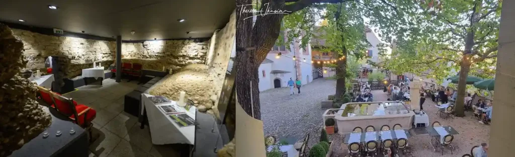 A merged view of the exposed 11th-century city walls in the archaeological cellar of Der Teufelhof and the historic Lohnhof courtyard restaurant of Hotel Brasserie Au Violon, two of the best hotels in Basel.