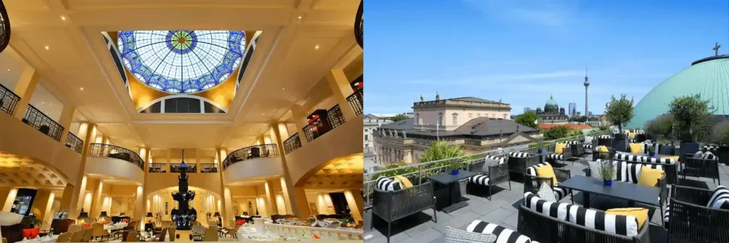 A merged view of the historic Lorenz Adlon Esszimmer overlooking the Brandenburg Gate at Hotel Adlon Kempinski and the panoramic rooftop terrace at Hotel de Rome with views of the State Opera and Bebelplatz, showcasing the best hotels in Berlin.
