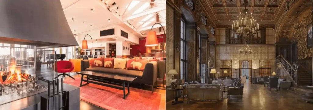 A merged view of the 1913 cultural music salon and grand piano at Orania.Berlin and the original 1911 wood-paneled imperial library at Schlosshotel Berlin by Patrick Hellmann, showcasing the best hotels in Berlin.