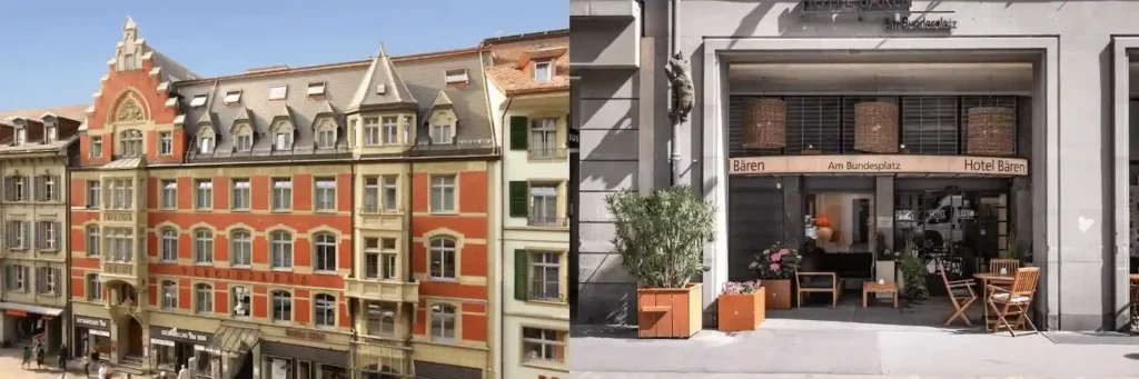 A merged view of the landmark 1890 social-reform facade of Kreuz Bern and the historic gated entrance of Hotel Bären am Bundesplatz, two of the best hotels in Bern.