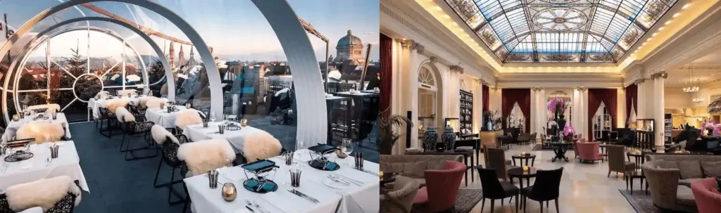 A merged view of the iconic 'Tubbo' rooftop terrace at Hotel Schweizerhof Bern overlooking the city and the opulent historic glass-domed lobby lounge of Bellevue Palace Bern, two of the best hotels in Bern.