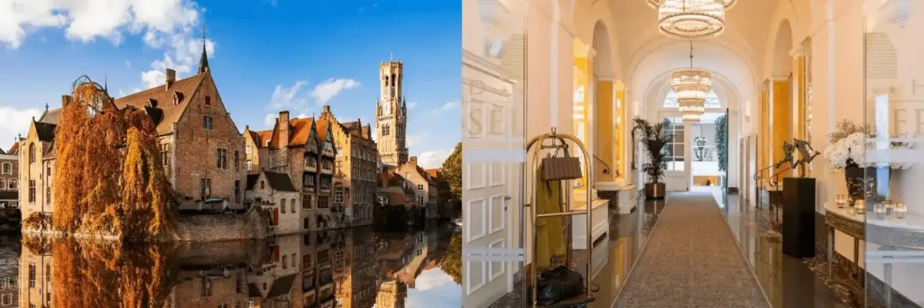 A merged view of the Cruyce's facade and 18th-century Rococo salons with original stucco and chandeliers of the best hotels in Bruges.
