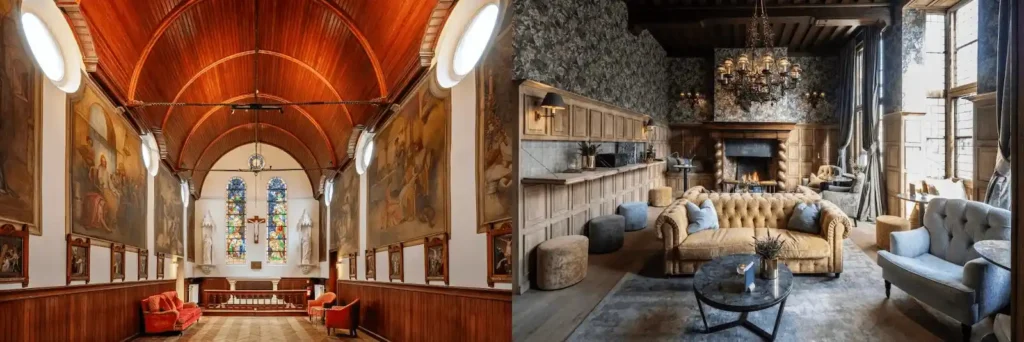 A merged view of the Dukes' Palace Mary of Burgundy frescoes and 15th-century monastic halls at Hotel de Orangerie, showcasing the ghotic and religious soul of the best hotels in Bruges.