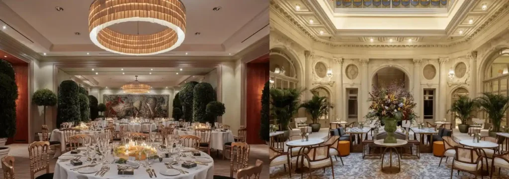 A merged view of the historic vaulted dining room of Ristorante Bocconi at Hotel Amigo (on the site of the 16th-century city prison) and the grand Belle Époque Palais Royal restaurant at Corinthia Grand Hotel Astoria with its original 1910 royal architectural details, showcasing the best hotels in Brussels.