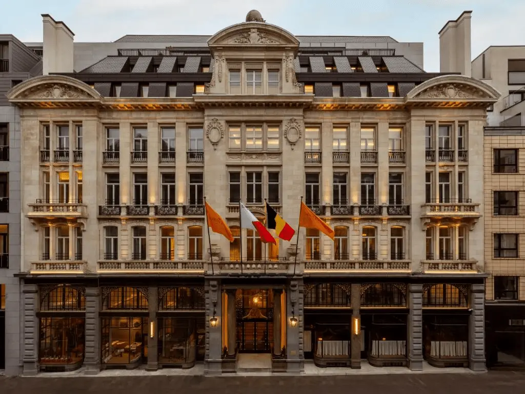 The monumental facade of the Corinthia Grand Hotel Astoria, the city's most significant royal guest landmark and one of the best hotels in Brussels.
