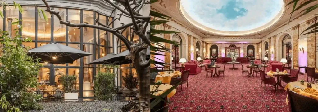 A merged view of the 15th-century monastic courtyard dining area at The Dominican and the original 1930s Art Deco brasserie at Hotel Le Plaza, showcasing the ecclesiastical and theatrical soul and the best hotels in Brussels.