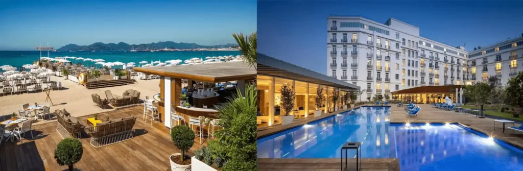 Best hotels in Cannes - The exclusive private beach club at the Carlton Cannes and the iconic Art Deco pool terrace at Hôtel Martinez.