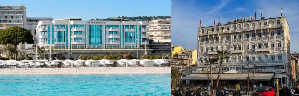 Best hotels in Cannes - Panoramic sea view of the JW Marriott Cannes, built on the site of the original Palais des Festivals, and the 1871 historical facade of Hotel Splendid.