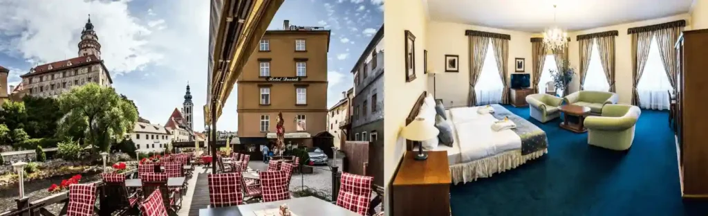 Best hotels in Český Krumlov: The summer river terrace with castle views and a spacious 19th-century deluxe suite at Hotel Dvořák Český Krumlov.