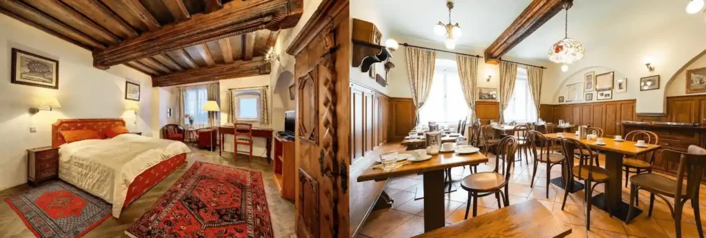 Best hotels in Český Krumlov: A 500-year-old carved timber ceiling in a bedroom at Hotel Konvice and the historic dining room at Hotel Leonardo featuring original Renaissance wooden ceilings.
