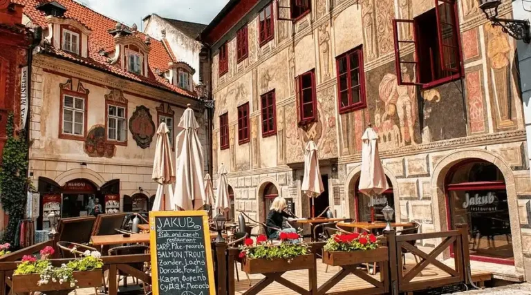 Best hotels in Český Krumlov: The rare 14th-century facade of Hotel Krčínův Dům featuring exceptionally precious Renaissance sgraffito decorations discovered only recently.