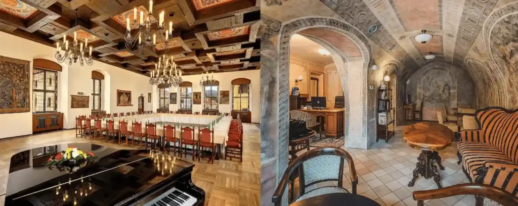 Best hotels in Český Krumlov: A merged view of the monumental Renaissance Jesuit Hall at Hotel Růže and the historic lobby of Hotel Krčínův Dům with original 14th-century Gothic vaulted ceilings.