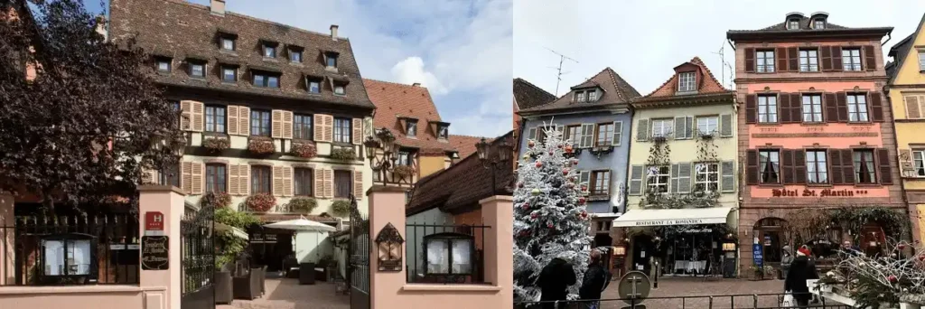 A merged view of two of the best hotels in Colmar: the 1565 riverside half-timbered Hotel Le Maréchal and the 14th-century Gothic foundations of Hôtel Saint-Martin.