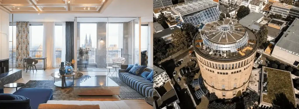 A merged view featuring a historic suite at The Qvest Hideaway with its 1897 Neo-Gothic windows and 6-meter-high cross-vaulted ceilings overlooking the Gereonsviertel, paired with the monumental 19th-century brick facade and circular rotunda of the Wasserturm Hotel Cologne, representing the best hotels in Cologne.