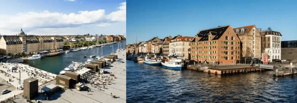 A split view of two maritime landmarks from the best hotels in Copenhagen: the massive 1787 Royal Naval Granary facade of the Admiral Hotel and the 1804 yellow-brick merchant warehouse of 71 Nyhavn.